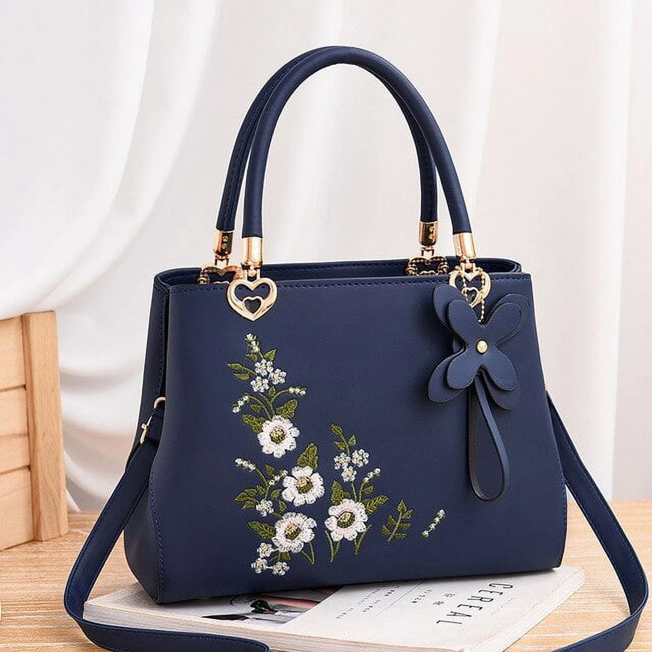 Elegant Floral Embroidered Leather Handbag with Charm Accent – Classic Top Handle Shoulder Bag